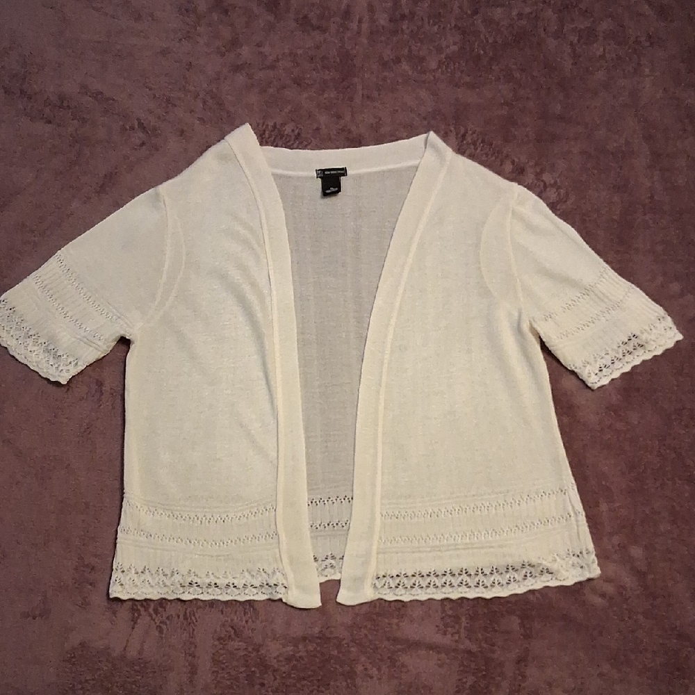 new directions Cream Open-Front Knit Cardigan with Lace Trim